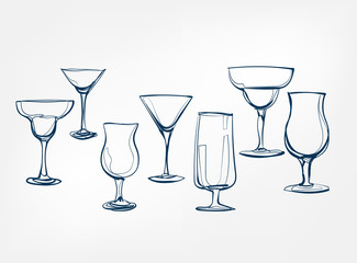 set coctail glasses vector one line art drink isolated sketch