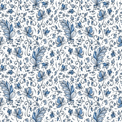 Vintage Vector Floral Seamless pattern. Hand drawn Decorative Leaves with Flower. Ornamental Leaf background.