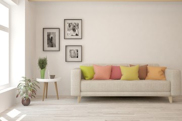 Modern living room in white color with sofa. Scandinavian interior design. 3D illustration