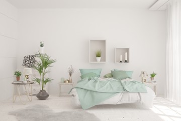 Natural wooden bedroom in white color. Scandinavian interior design. 3D illustration