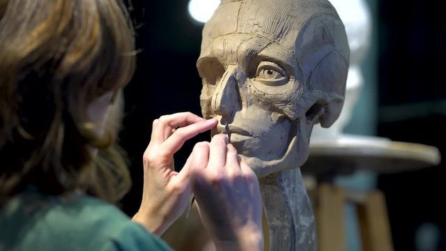 Sculptor at work. The process of creation an ecorche, a sculpture of a human head with the skin removed to display the musculature and bones.