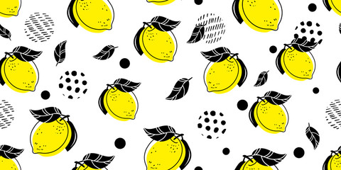 Motif lumineux sans couture avec des citrons frais pour le tissu, dessin d& 39 étiquettes, impression sur t-shirt, papier peint de la chambre des enfants, fond de fruits. Tranches d& 39 un fond gai de style doodle citron.