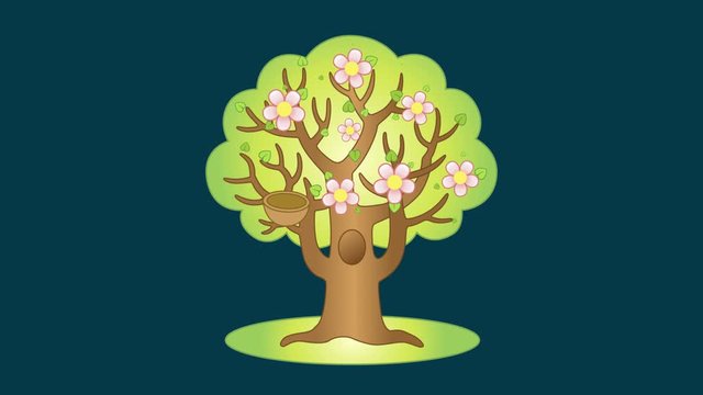 Animation of an apple tree showing four seasons. The seasons are changing: winter, spring, summer, autumn