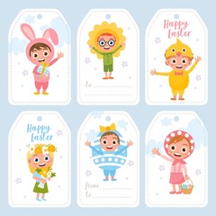 Happy Easter greeting card set. Cute kids in a bright Easter costumes. Girls and boys characters. Cute bunny, happy flower, funny egg, little chicken. Easter tags.