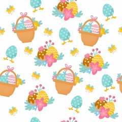 Happy Easter seamless pattern. Easter eggs, butterfly, easter basket illustration. Background for fabric print, texture and wrapping paper.