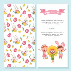 Happy Easter Day greeting card set. Illustration of cute children in Easter costumes. Girl and boys characters. Cute bunny, happy flower. Easter illustration. For postcard or invitation.