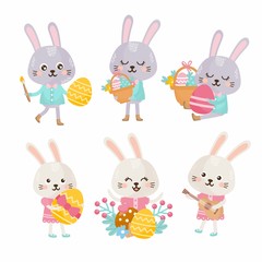Happy Easter set. Cute rabbits characters. Hare with Easter basket, spring flowers and Easter eggs. Romantic composition. Good for spring invitations, banners, greeting card design.