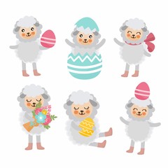 Happy Easter set. Cute lamb characters. Sheep with Easter eggs, spring flowers and a bow. Romantic composition. Good for spring invitations, banners, greeting card design.