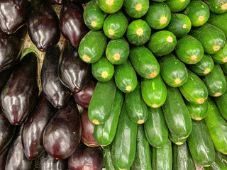 Fresh organic zucchini, eggplant and at the local farmers market. Agricultural products.Vegetable market supply. Banner. 