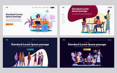 Communication in public place set. People chatting online, talking in cafe, shaking hands. Flat vector illustrations. Conversation, discussion concept for banner, website design or landing web page