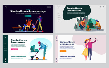 Healthy and toxic relationship set. Couple camping, walking with stroller, drunk dad. Flat vector illustrations. Family problem, love, happiness concept for banner, website design or landing web page