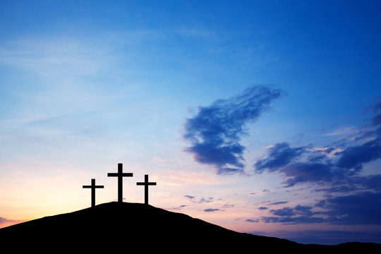 Three cross on the hill, Jesus Christ from the Bible. Easter, Religion. Salvation of sins, sacrifice
