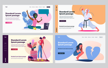 Fototapeta na wymiar Spending leisure time set. Women practicing sport, doing housework, chatting online. Flat vector illustrations. Lifestyle, weekend, activity concept for banner, website design or landing web page