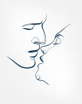 Line Drawings Men Women Kiss Stock Illustration 2184337023