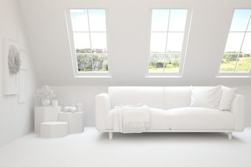 Fototapeta premium Minimalist living room in white color with sofa and summer landscape in window. Scandinavian interior design. 3D illustration
