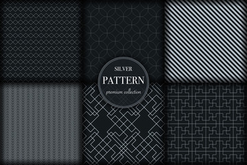 Set of 6 silver grayscale luxury geometric pattern background. Abstract line, dot retro style vector illustration for wallpaper, flyer, cover, banner, design template. minimalistic ornament, backdrop
