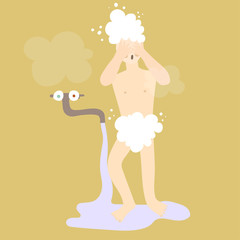 Cute funny card with a men having a bath standing hear the bath faucet with following water - on the yellow background with clouds of steam . Cartoon vector illustration for poster or t-shirt.