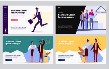 Failed and successful workers set. Running manager late, employees conflict, happy building group. Flat vector illustrations. Job, work, deadline concept for banner, website design or landing web page