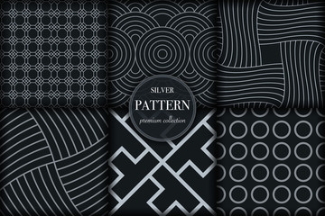 Set of 6 silver grayscale luxury geometric pattern background. Abstract line, dot retro style vector illustration for wallpaper, flyer, cover, banner, design template. minimalistic ornament, backdrop