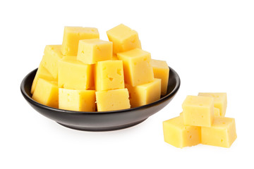 Cut of cheese in a black plate isolated on a white background