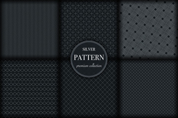 Set of 6 silver grayscale luxury geometric pattern background. Abstract line, dot retro style vector illustration for wallpaper, flyer, cover, banner, design template. minimalistic ornament, backdrop