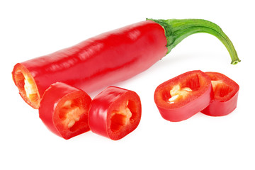 sliced red hot chili peppers isolated on white background