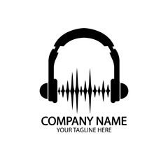 Headphones with microphone and sound waves beats, concept of radio station logo, dj disco symbol, broadcasting studio label, customer support emblem flat back icon, modern design vector illustration