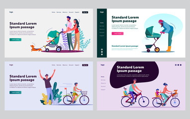 Obraz na płótnie Canvas Happy parents leisure time set. Parents and kids riding bikes, wheeling strollers. Flat vector illustrations. Outdoor activity, child care concept for banner, website design or landing web page