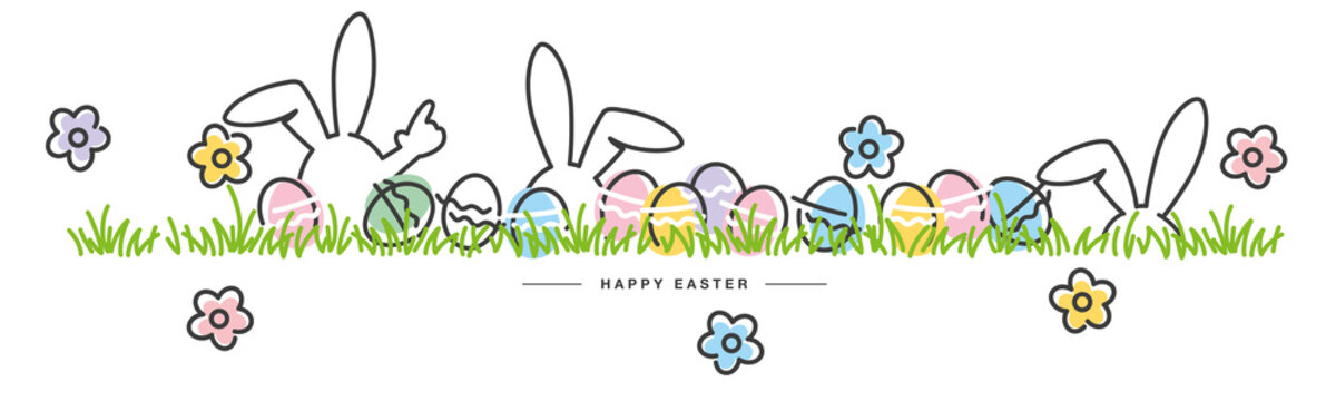 Easter line design bunny flowers colorful eggs in grass Easter egg hunt white greeting card