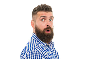 Fototapeta premium are you ready for sale. barbershop master. mustache from barber. Mature hipster beard. trendsetter hipster with mustache isolated on white. mustachioed and bearded. shocked after hairdresser salon