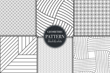 Set of 6 black and white grayscale geometric pattern background. Abstract line, dot retro style vector illustration for wallpaper, flyer, cover, banner, design template minimalistic ornament, backdrop