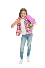 Ideal for short distance ride. Happy skater show thumbs up isolated on white. Little child hold penny board. Small skateboarder with penny skateboard. Riding penny board. Penny board for beginner