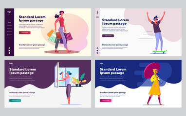 Weekend activities set. Man and women skateboarding, shopping, washing window, walking in rain. Flat vector illustrations. Leisure, lifestyle concept for banner, website design or landing web page