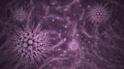 Corona virus 2019 nCov Wuhan. Viruses under microscope.nCoV respiratory virus, SARS, MERS, COVID 19. Bacteria virus or germs microorganism cells under microscope. 3d render microbe.