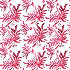 Fototapeta na wymiar watercolor illustration of a seamless pattern of a bouquet of leaves in pink on a white background