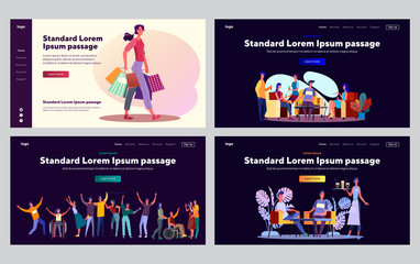 Single and group leisure time set. Disabled people meeting, friends in cafe, shopping woman. Flat vector illustrations. Communication, friendship concept for banner, website design or landing web page