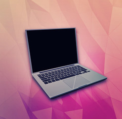 Laptop mock up in a polygonal gradient backdrop. A minimal technology template, to promo your own webpage on social media (3D rendering)