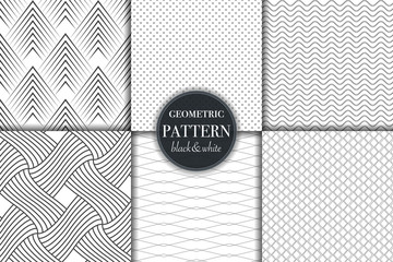 Set of 6 black and white grayscale geometric pattern background. Abstract line, dot retro style vector illustration for wallpaper, flyer, cover, banner, design template minimalistic ornament, backdrop