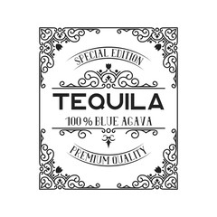 Vintage tequila label. Calligraphic alcohol frame for bottle with lettering.