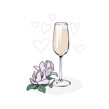 Glass of champagne or sparkling wine on a white background with hearts. Pink Magnolia flower. Vector drawing isolated on a white background.