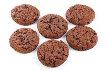 Chocolate chip cookies isolated on white background. Sweet biscuits. Homemade pastry.