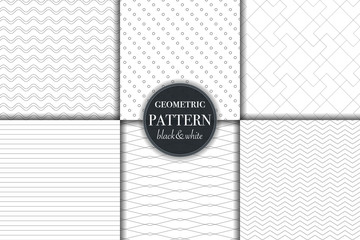 Set of 6 black and white grayscale geometric pattern background. Abstract line, dot retro style vector illustration for wallpaper, flyer, cover, banner, design template minimalistic ornament, backdrop