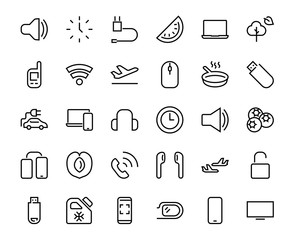 A set of smart devices and gadgets, computer hardware and electronics. Electronic devices icons for web and mobile vector lines. computer, telephone. Editable stroke. 48x48 pixels