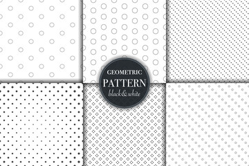 Set of 6 black and white grayscale geometric pattern background. Abstract line, dot retro style vector illustration for wallpaper, flyer, cover, banner, design template minimalistic ornament, backdrop