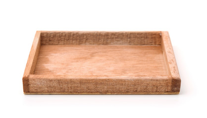 Front view of small empty wooden tray