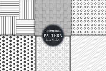 Set of 6 black and white grayscale geometric pattern background. Abstract line, dot retro style vector illustration for wallpaper, flyer, cover, banner, design template minimalistic ornament, backdrop