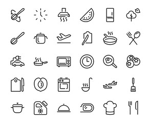 Set of cooking and kitchen icons, Vector lines, contains icons such as frying pan, frying, microwave, fork with spoon, Editable stroke, perfect 480x480 pixels, white background.