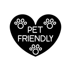 Pet friendly area sign black glyph icon. Grooming salon heart shaped logo, animals welcome zone. Cats and dogs permitted territory. Silhouette symbol on white space. Vector isolated illustration