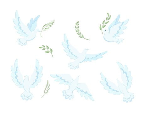 Flying dove. Colorful icons set. Pigeons symbol of love and peace. Dove with olive branch Christian religious symbol.  Collection of flying and soaring bird logos. Isolated. Vector illustration