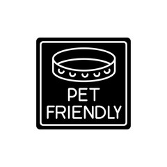 Pet friendly area sign black glyph icon. Domestic animals with collars allowed. Cats and dogs welcome, permitted public place. Silhouette symbol on white space. Vector isolated illustration